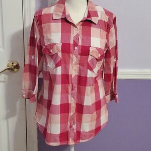 Sonoma Pink & White Plaid Western Festival 3/4 Sleeves Button Down Shirt L